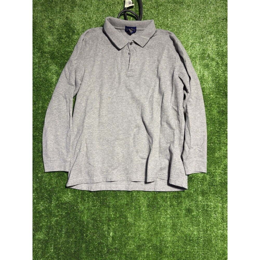 Mens Vintage Club Room Long Sleeve Ribbed Polo Size L Gray Cotton Casual Shirt